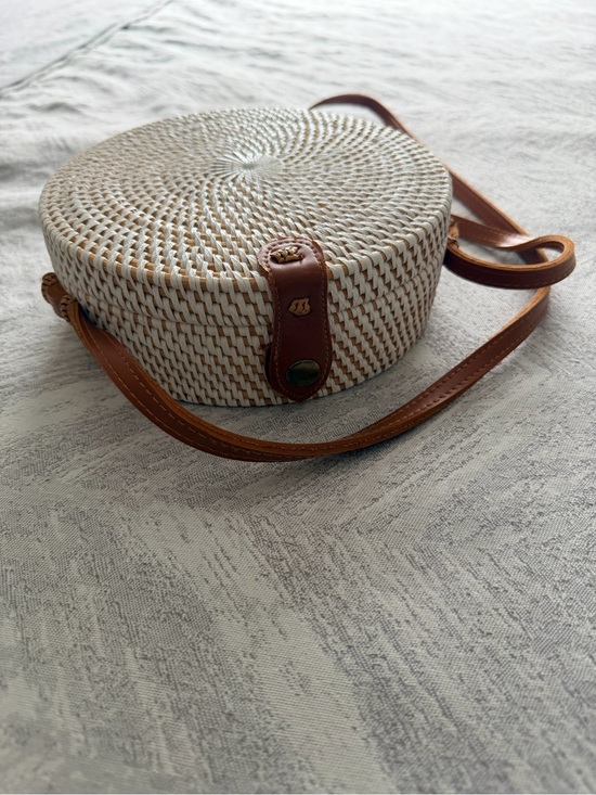 Handbags - Woven Round Crossbody Bag with Brown Leather Trim
